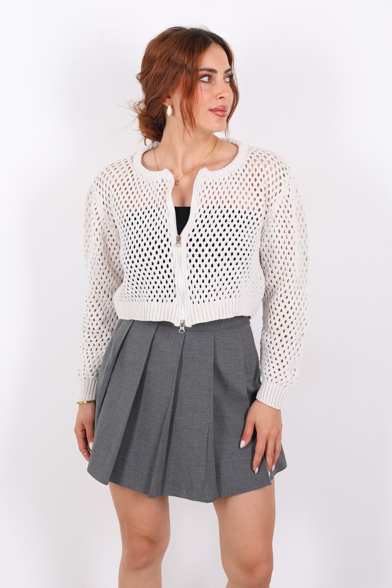 Çift Fermuarlı Ajurlu Taş Rengi Kadın Hırka - 6