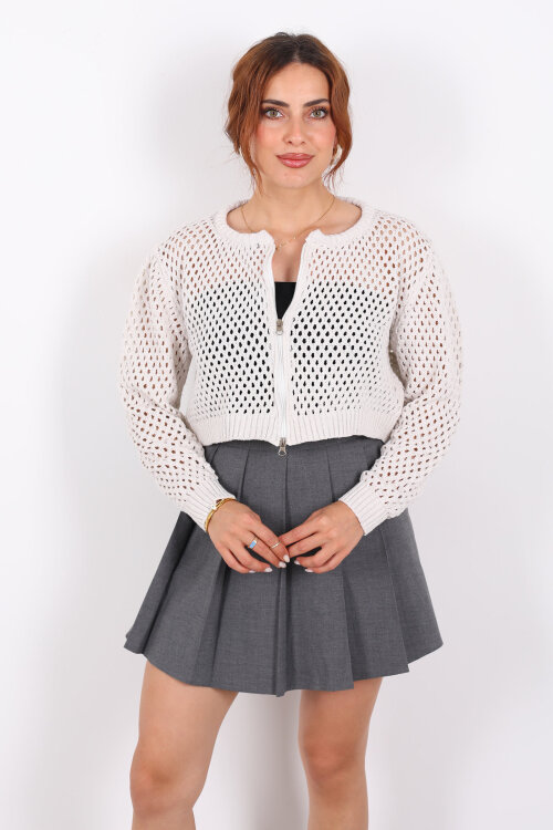 Çift Fermuarlı Ajurlu Taş Rengi Kadın Hırka - Berox