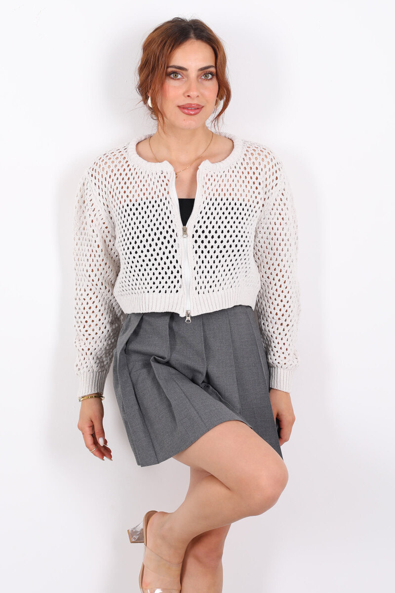 Çift Fermuarlı Ajurlu Taş Rengi Kadın Hırka - 3