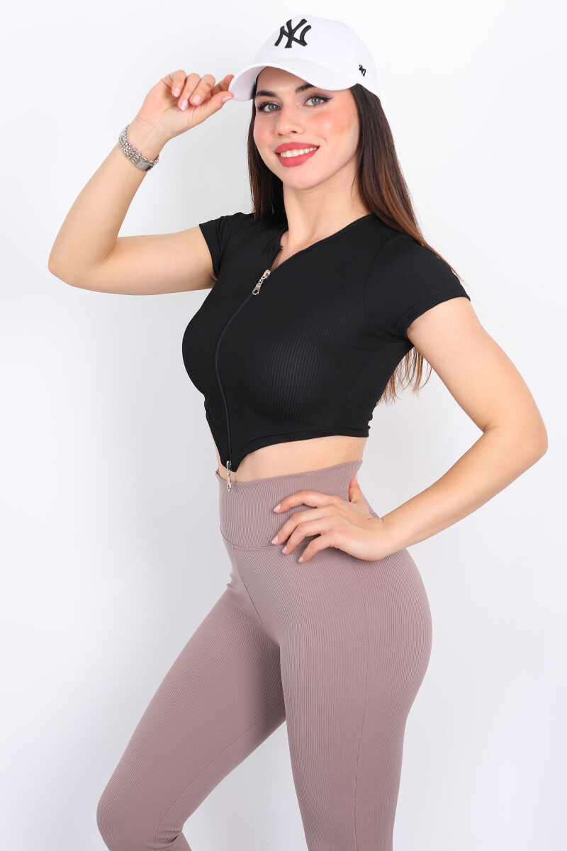 Çift Fermuarlı Asimetrik Siyah Kadın Crop - 1