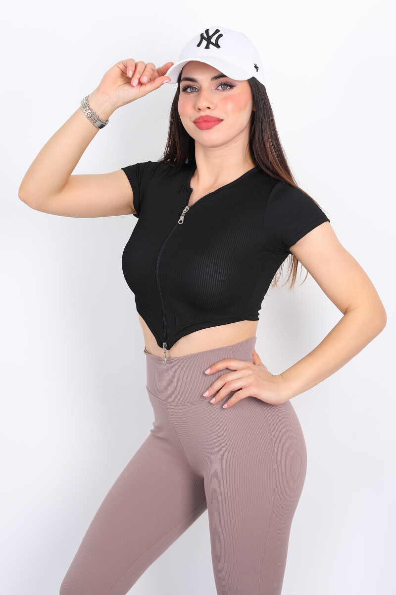 Çift Fermuarlı Asimetrik Siyah Kadın Crop - 3