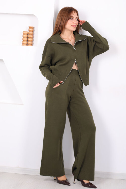 Çift Fermuarlı Cepli Bol Paça Kadın Haki Triko Takım - 3