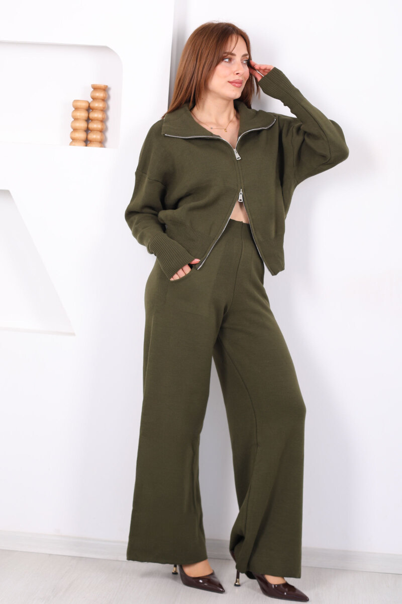 Çift Fermuarlı Cepli Bol Paça Kadın Haki Triko Takım - 3