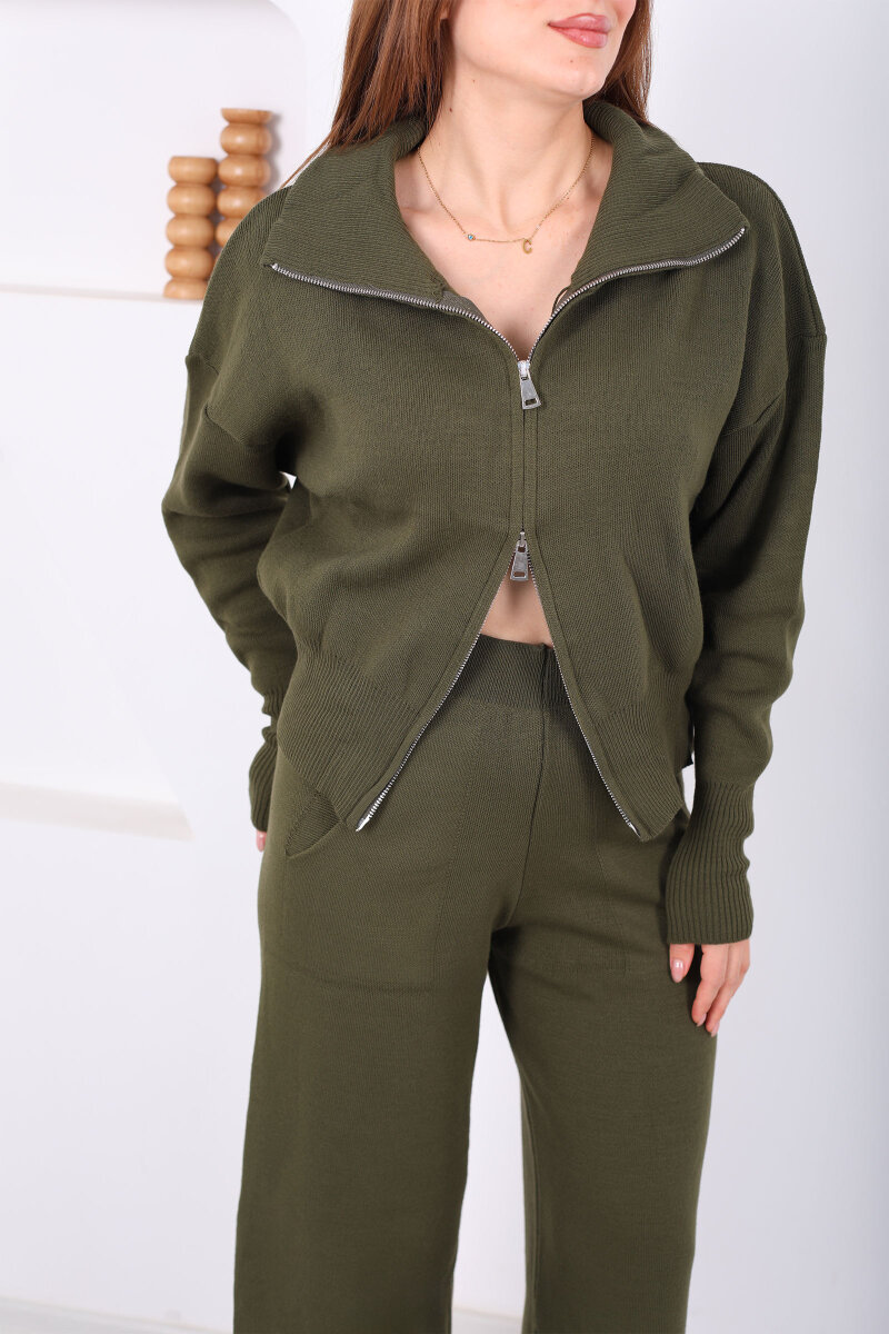 Çift Fermuarlı Cepli Bol Paça Kadın Haki Triko Takım - 2
