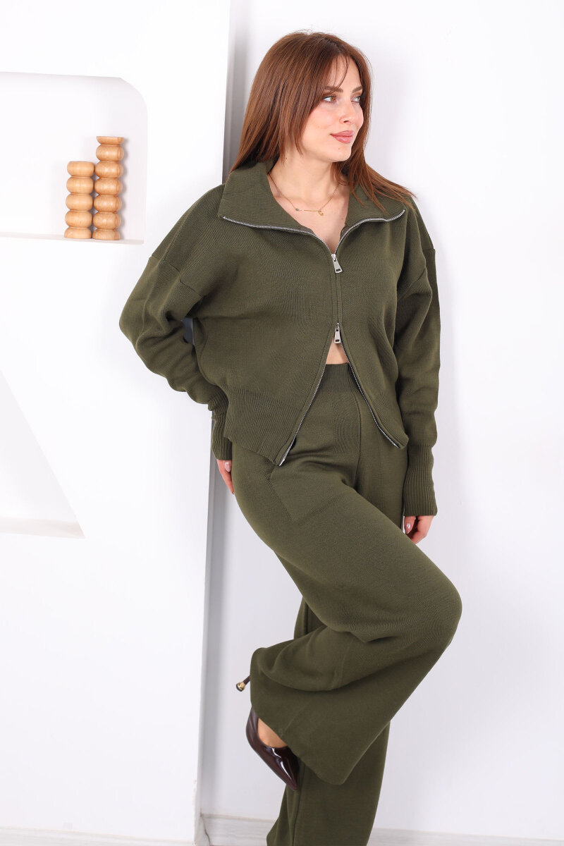 Çift Fermuarlı Cepli Bol Paça Kadın Haki Triko Takım - 4