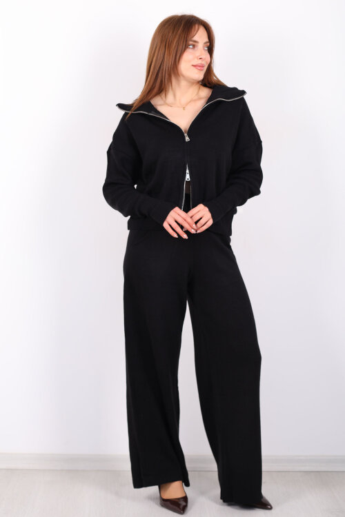 Çift Fermuarlı Cepli Bol Paça Kadın Siyah Triko Takım - 4