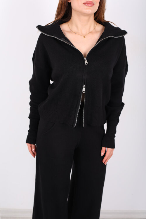 Çift Fermuarlı Cepli Bol Paça Kadın Siyah Triko Takım - Berox (1)