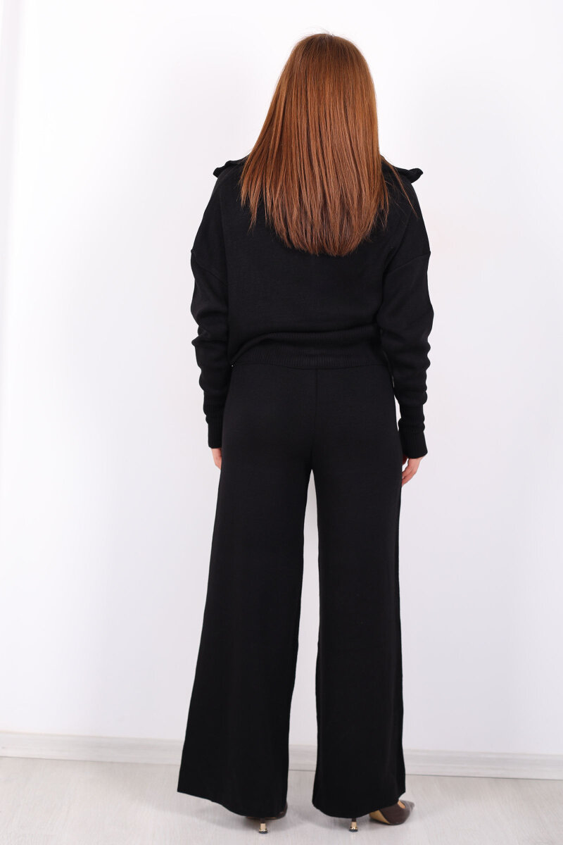 Çift Fermuarlı Cepli Bol Paça Kadın Siyah Triko Takım - 6