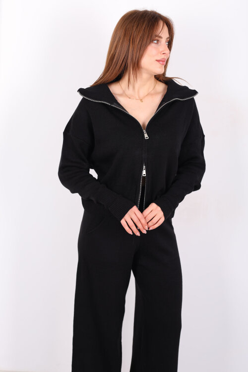 Çift Fermuarlı Cepli Bol Paça Kadın Siyah Triko Takım - 7