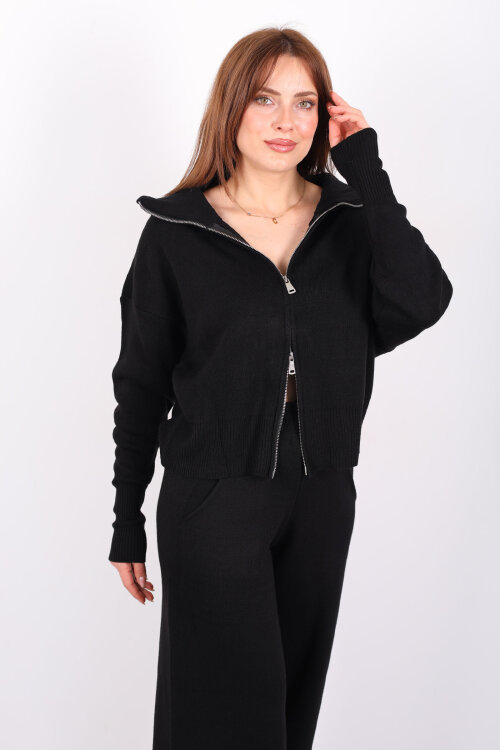 Çift Fermuarlı Cepli Bol Paça Kadın Siyah Triko Takım - 3