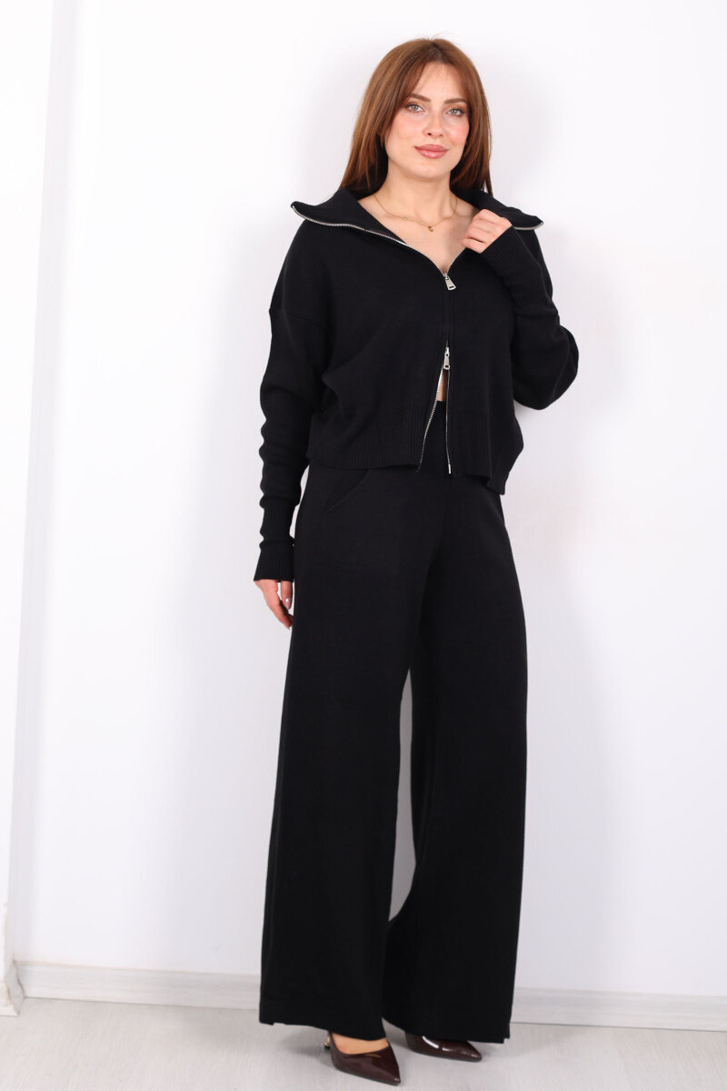 Çift Fermuarlı Cepli Bol Paça Kadın Siyah Triko Takım - 1