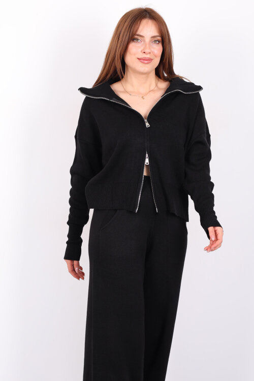 Çift Fermuarlı Cepli Bol Paça Kadın Siyah Triko Takım - 5