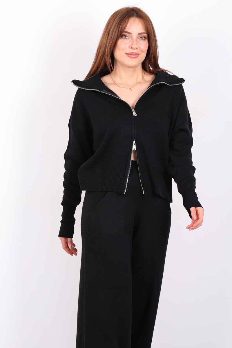 Çift Fermuarlı Cepli Bol Paça Kadın Siyah Triko Takım - 5