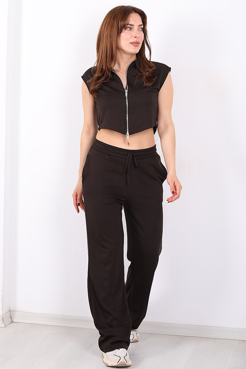 Çift Fermuarlı Kadın Acı Kahve Modal Yelek - Pantolon Takım - 3