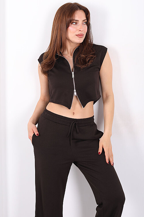 Çift Fermuarlı Kadın Acı Kahve Modal Yelek - Pantolon Takım - 4