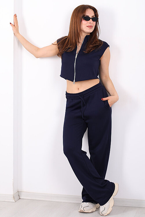 Çift Fermuarlı Kadın Lacivert Modal Yelek - Pantolon Takım - Berox