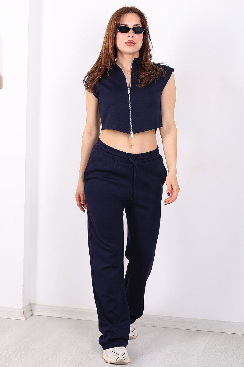 Çift Fermuarlı Kadın Lacivert Modal Yelek - Pantolon Takım - 7