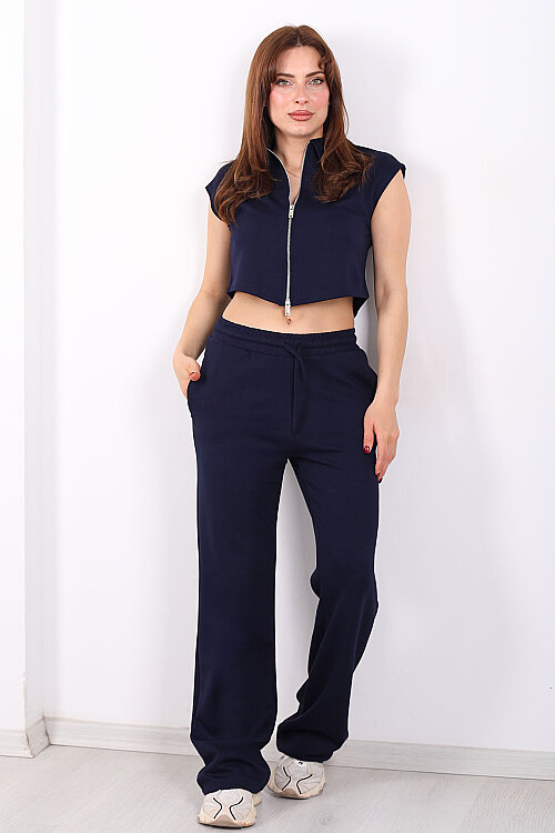 Çift Fermuarlı Kadın Lacivert Modal Yelek - Pantolon Takım - 4