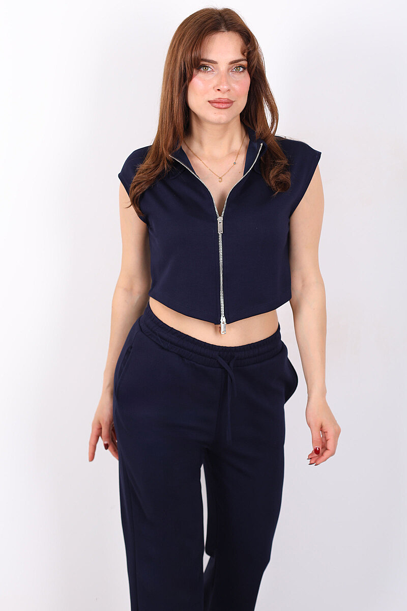 Çift Fermuarlı Kadın Lacivert Modal Yelek - Pantolon Takım - 5