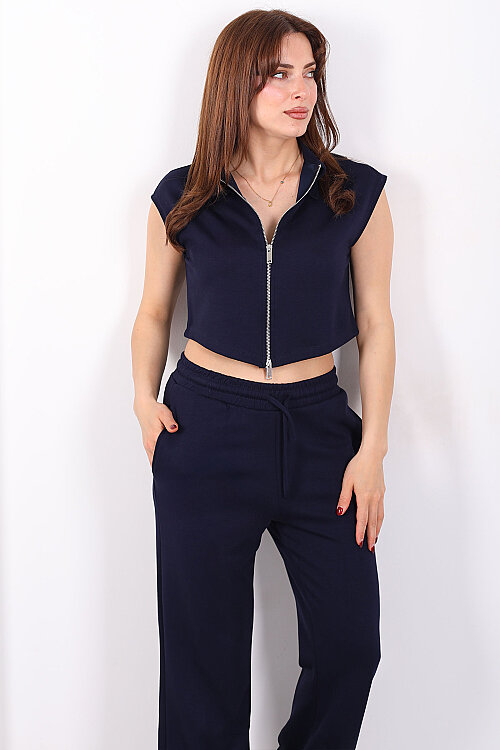 Çift Fermuarlı Kadın Lacivert Modal Yelek - Pantolon Takım - 3