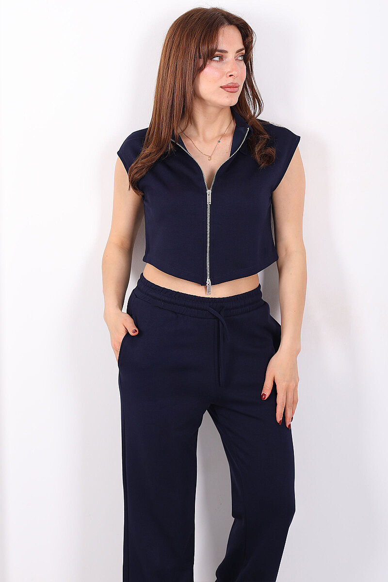 Çift Fermuarlı Kadın Lacivert Modal Yelek - Pantolon Takım - 3