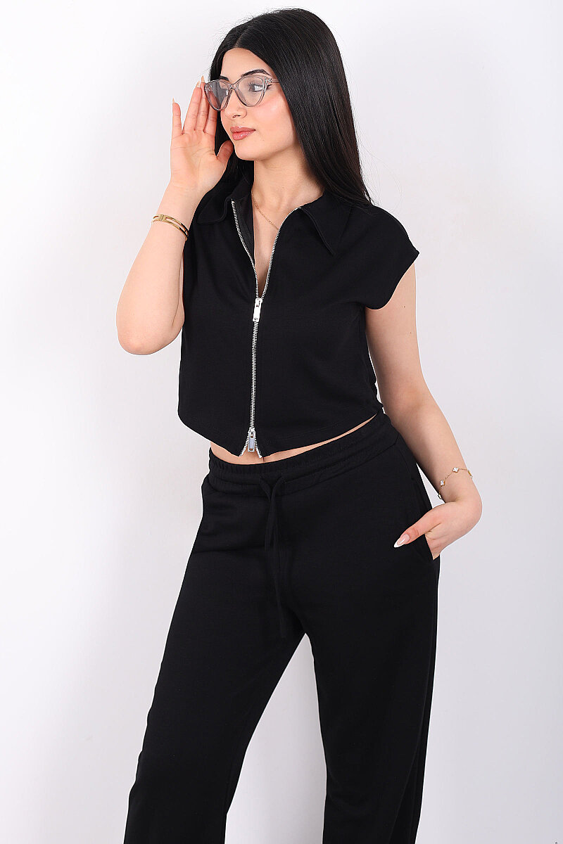 Çift Fermuarlı Kadın Siyah Modal Yelek - Pantolon Takım - 2