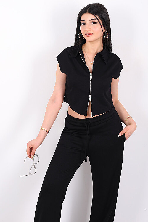 Çift Fermuarlı Kadın Siyah Modal Yelek - Pantolon Takım - 7