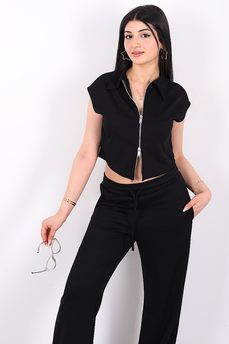 Çift Fermuarlı Kadın Siyah Modal Yelek - Pantolon Takım - 7