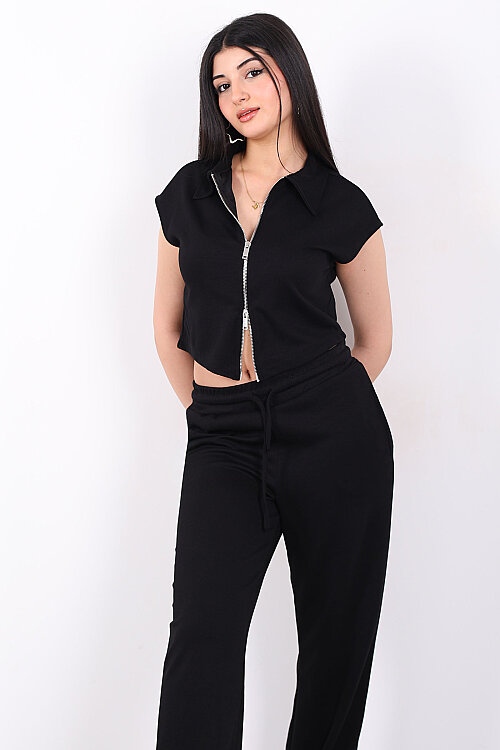 Çift Fermuarlı Kadın Siyah Modal Yelek - Pantolon Takım - 5