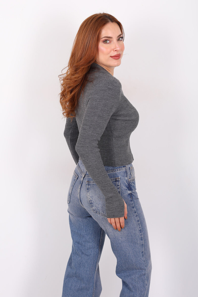 Çift Fermuarlı Parmak Geçirmeli Antrasit Kadın Triko Hırka - 5