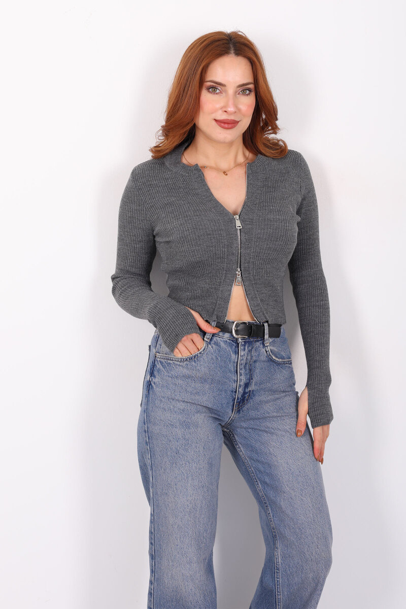 Çift Fermuarlı Parmak Geçirmeli Antrasit Kadın Triko Hırka - 4