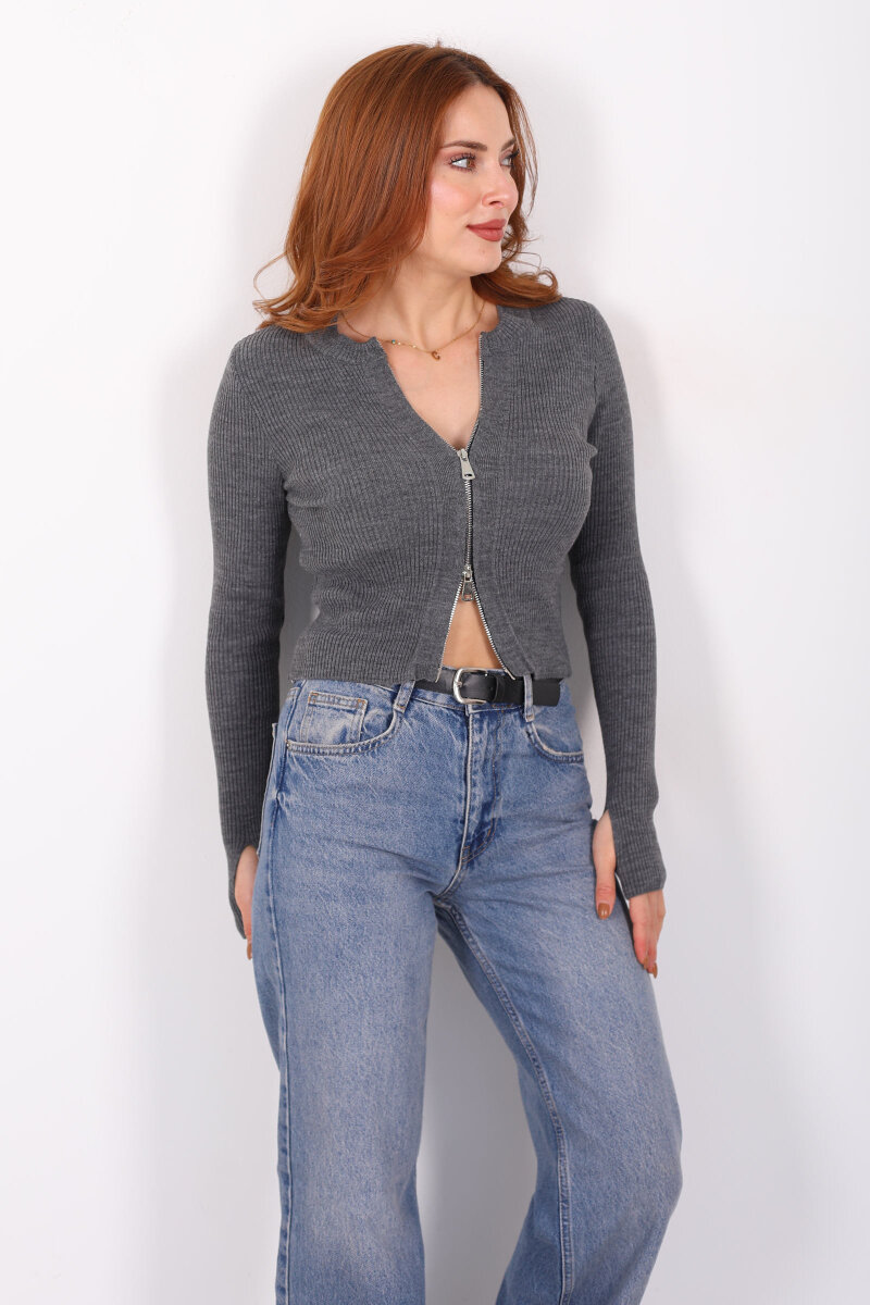 Çift Fermuarlı Parmak Geçirmeli Antrasit Kadın Triko Hırka - 6