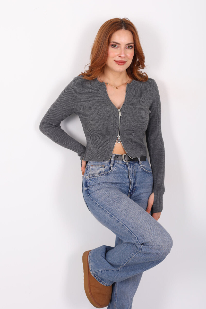Çift Fermuarlı Parmak Geçirmeli Antrasit Kadın Triko Hırka - 1