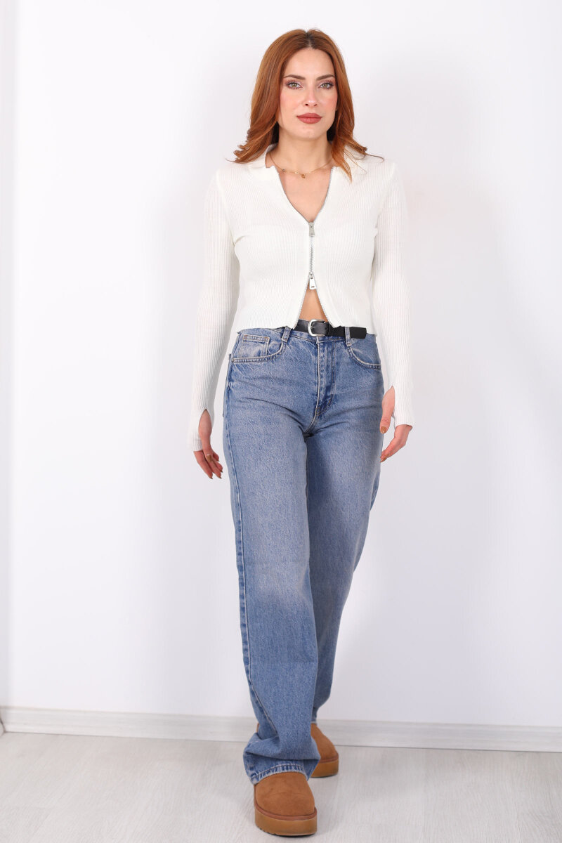 Çift Fermuarlı Parmak Geçirmeli Ekru Kadın Triko Hırka - 4