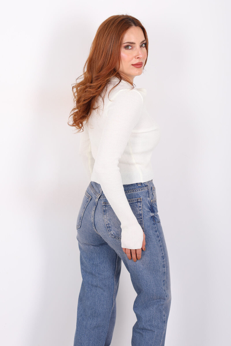 Çift Fermuarlı Parmak Geçirmeli Ekru Kadın Triko Hırka - 5