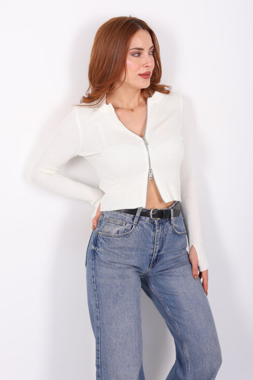Çift Fermuarlı Parmak Geçirmeli Ekru Kadın Triko Hırka - 6