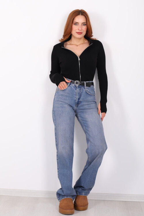 Çift Fermuarlı Parmak Geçirmeli Siyah Kadın Triko Hırka - 3