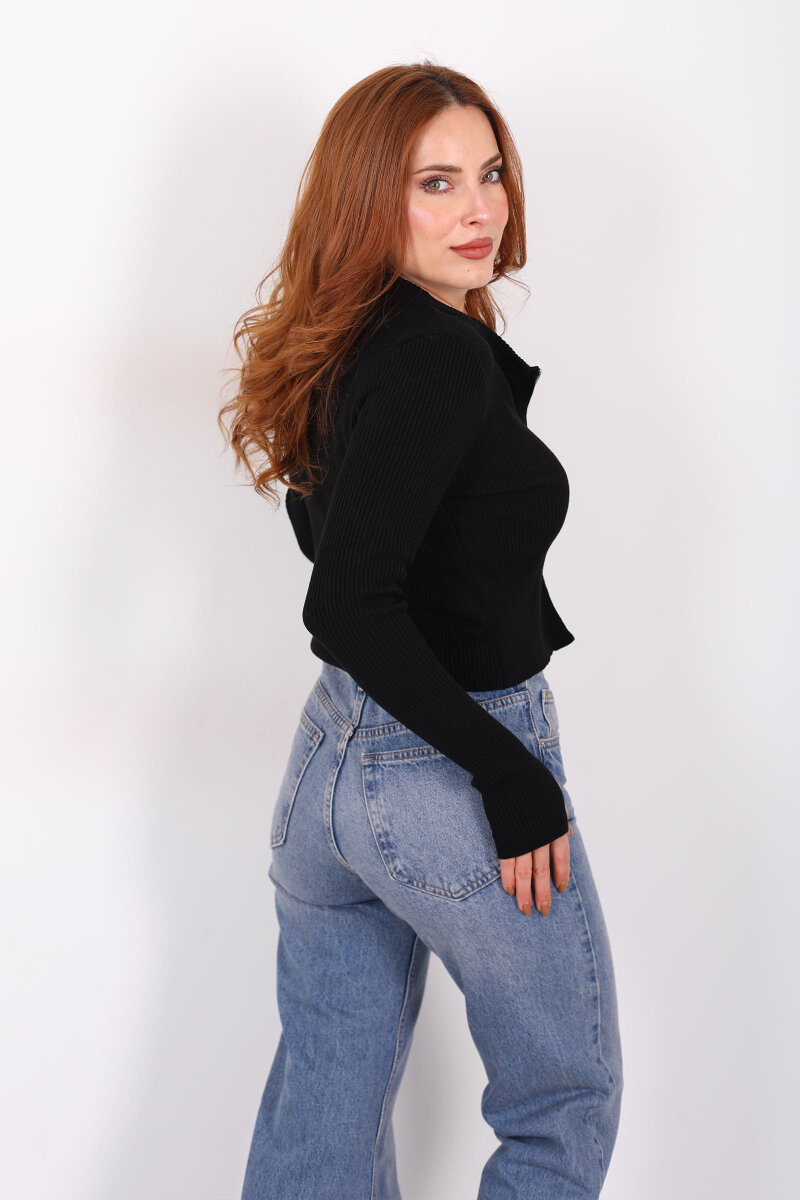 Çift Fermuarlı Parmak Geçirmeli Siyah Kadın Triko Hırka - 5