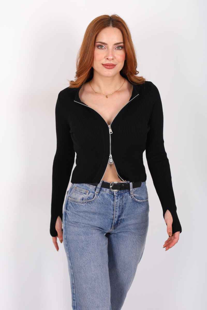 Çift Fermuarlı Parmak Geçirmeli Siyah Kadın Triko Hırka - 4