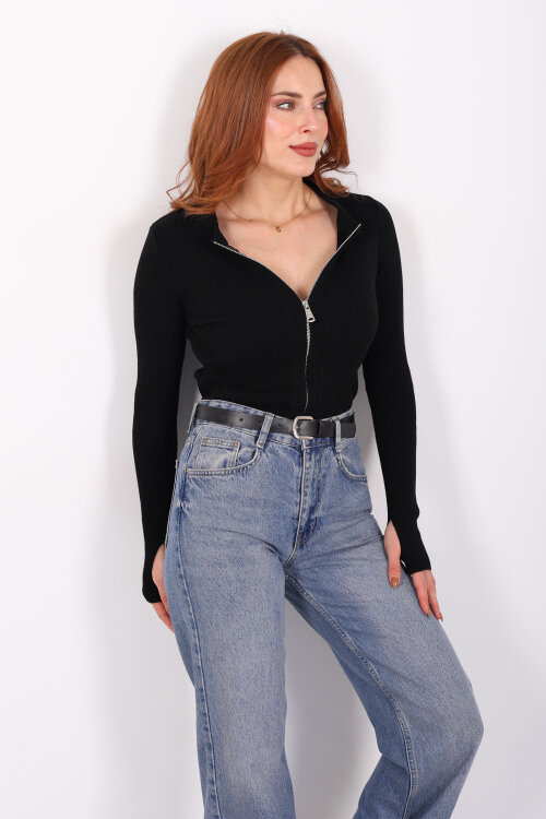 Çift Fermuarlı Parmak Geçirmeli Siyah Kadın Triko Hırka - Berox
