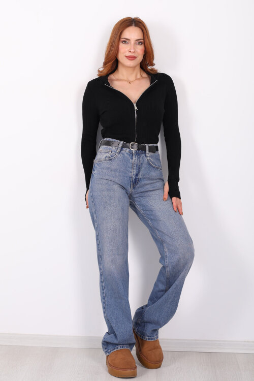 Çift Fermuarlı Parmak Geçirmeli Siyah Kadın Triko Hırka - 6