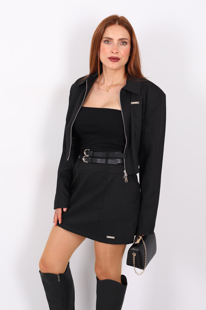 Çift Kemerli Metal Etiket Detaylı Siyah Kadın Mini Etek - 4