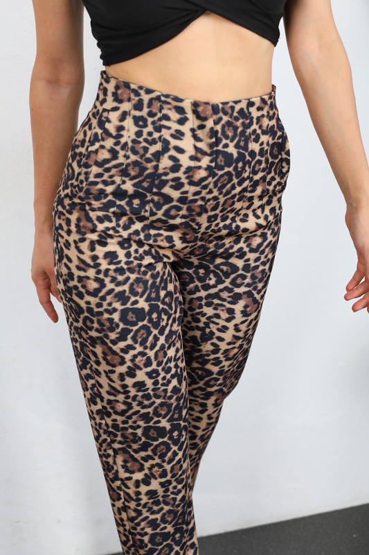 Çift Pensli Leopar Desen Siyah Kadın Pantolon - 6