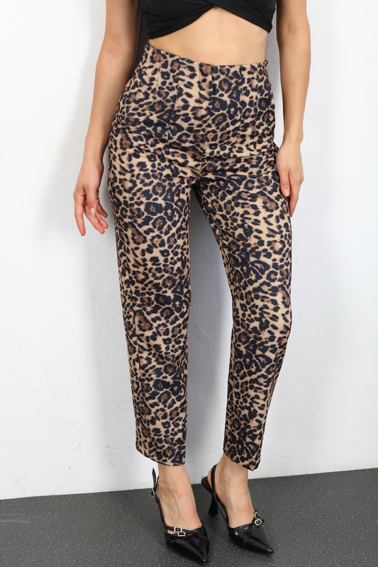 Çift Pensli Leopar Desen Siyah Kadın Pantolon - 5