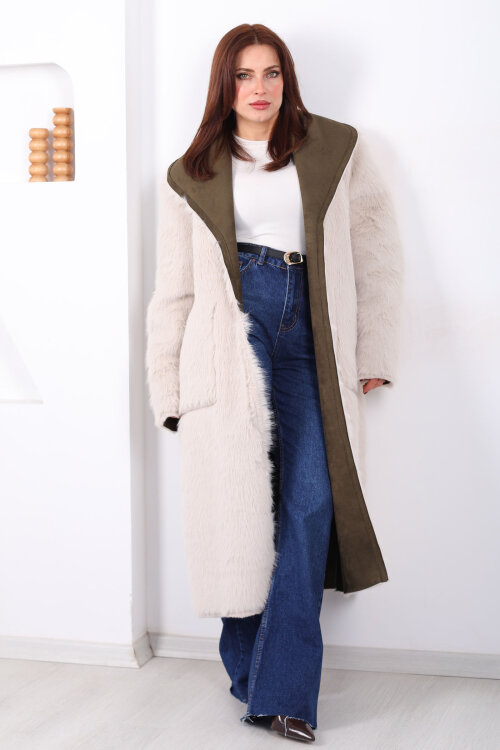 Çift Taraflı içi Kürklü Haki Kadın Süet Uzun Kaban - 3