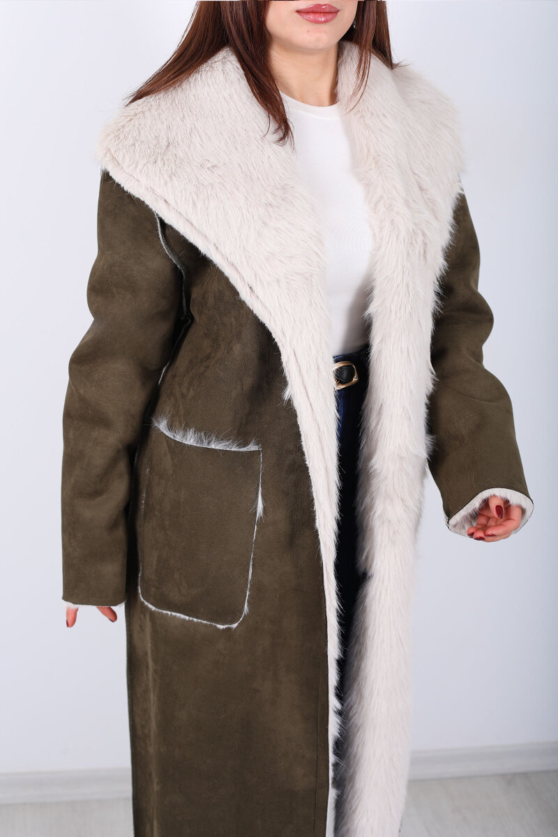 Çift Taraflı içi Kürklü Haki Kadın Süet Uzun Kaban - 2
