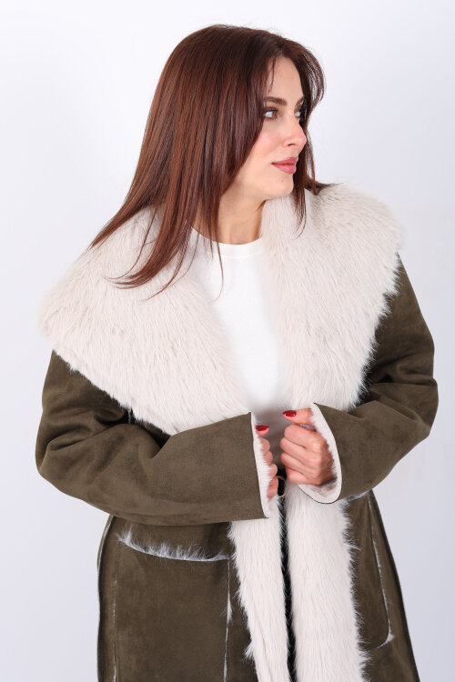 Çift Taraflı içi Kürklü Haki Kadın Süet Uzun Kaban - 6