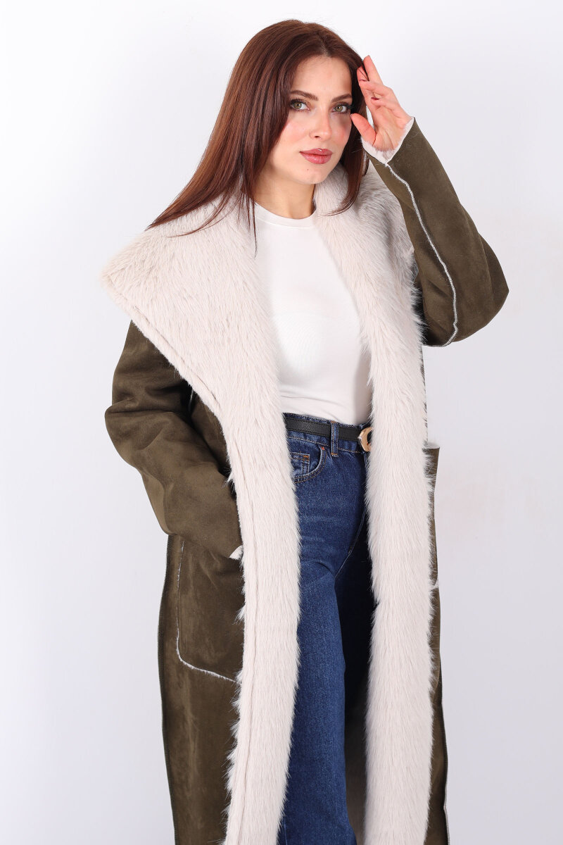 Çift Taraflı içi Kürklü Haki Kadın Süet Uzun Kaban - 4
