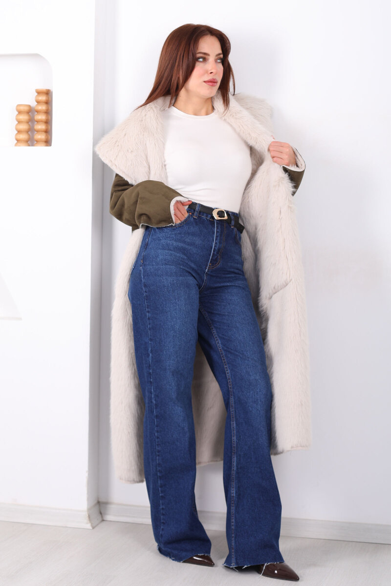 Çift Taraflı içi Kürklü Haki Kadın Süet Uzun Kaban - 8