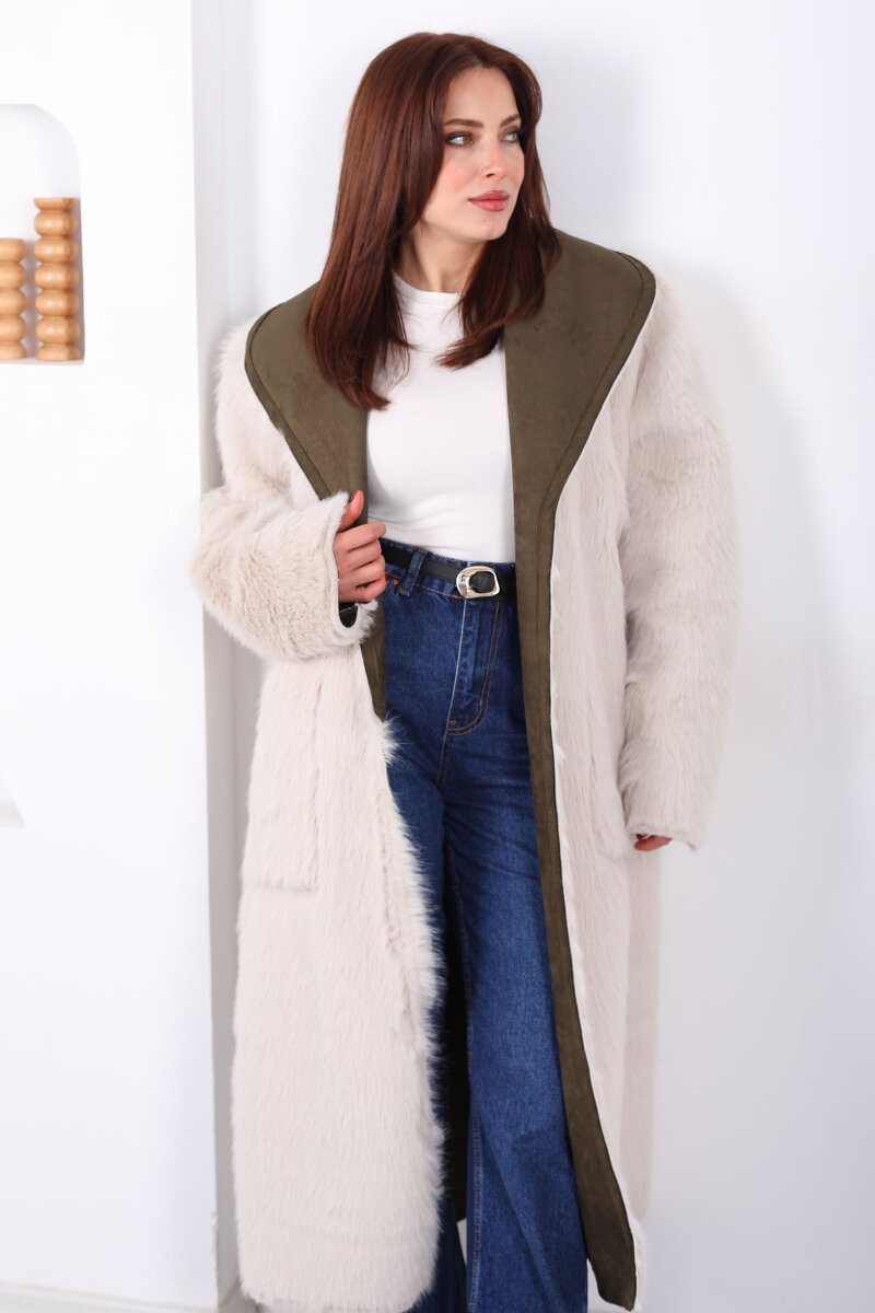 Çift Taraflı içi Kürklü Haki Kadın Süet Uzun Kaban - 1